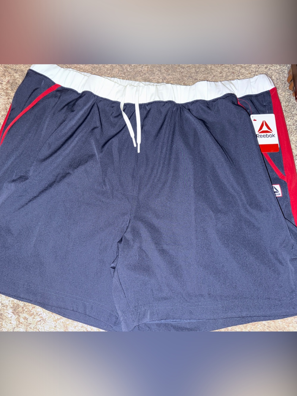 Reebok Navy Shorts with White Waistband and Red Side Trim